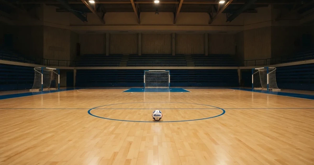 Eine leere Sporthalle mit hellem Hallenboden, kleinen Toren an beiden Enden und blauen Linien, Licht fällt von oben.