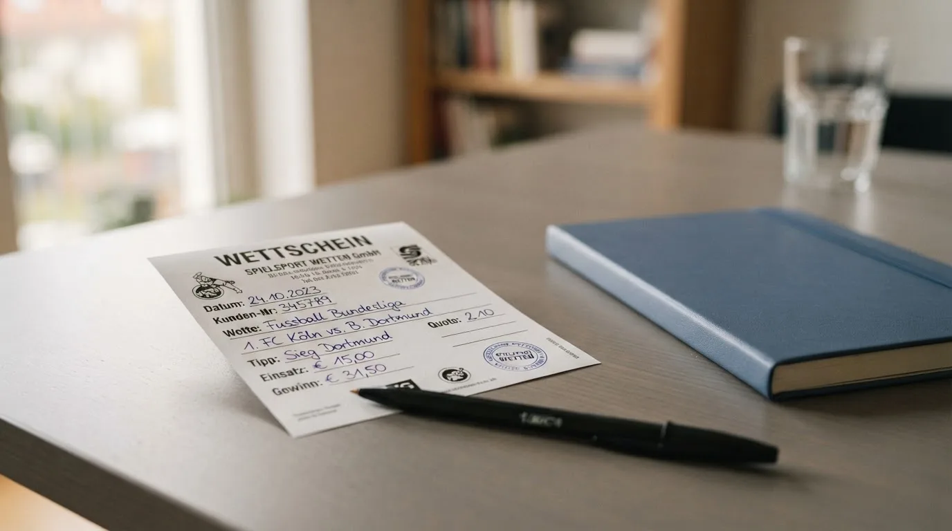 Ein leerer Papierwettschein und ein Kugelschreiber liegen auf einer glatten Schreibtischplatte neben einem Notizbuch.
