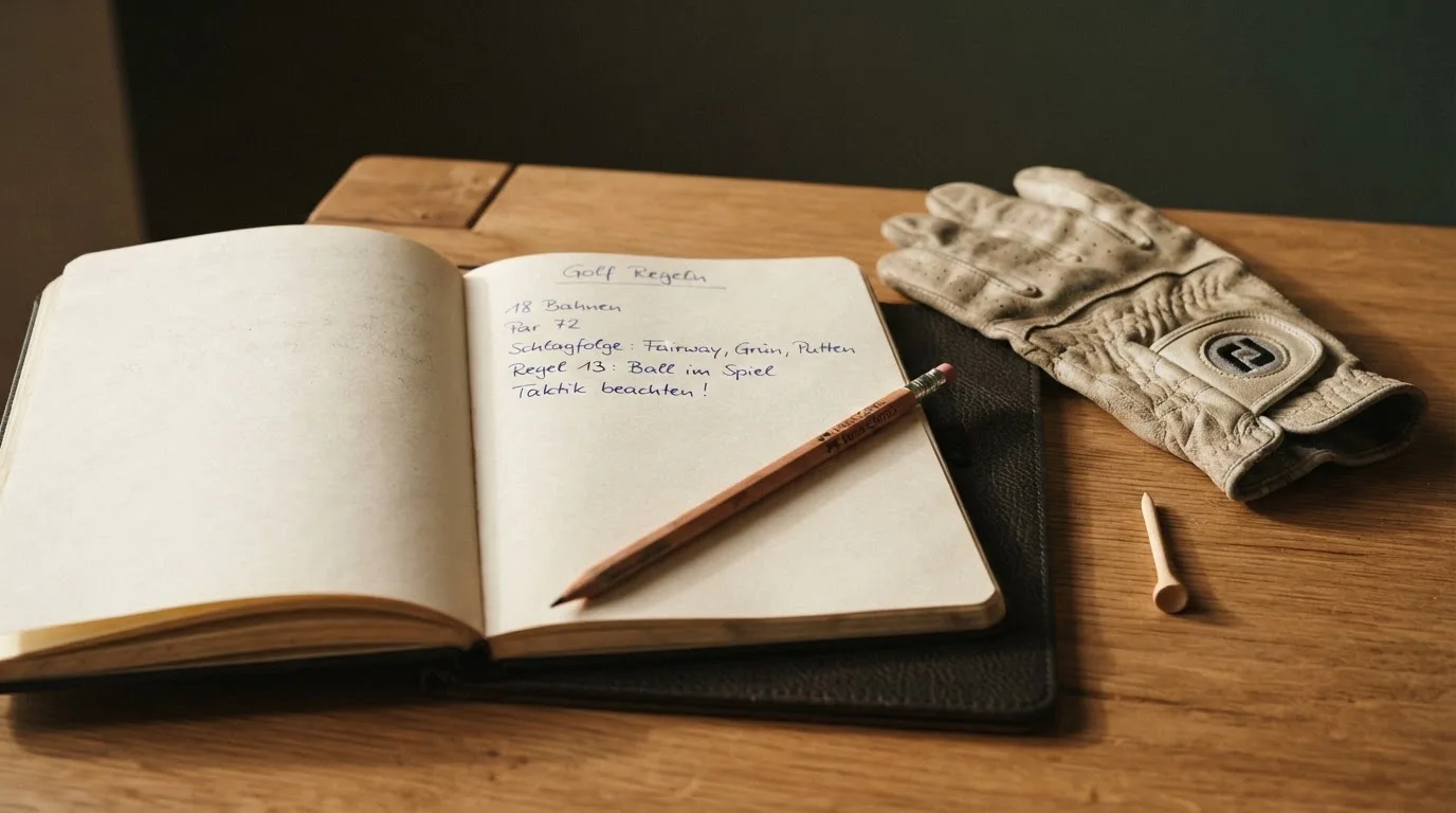 Ein Notizbuch mit handschriftlichen Notizen und ein Bleistift liegen neben einem Golfhandschuh und einem Tee auf einem Holztisch.