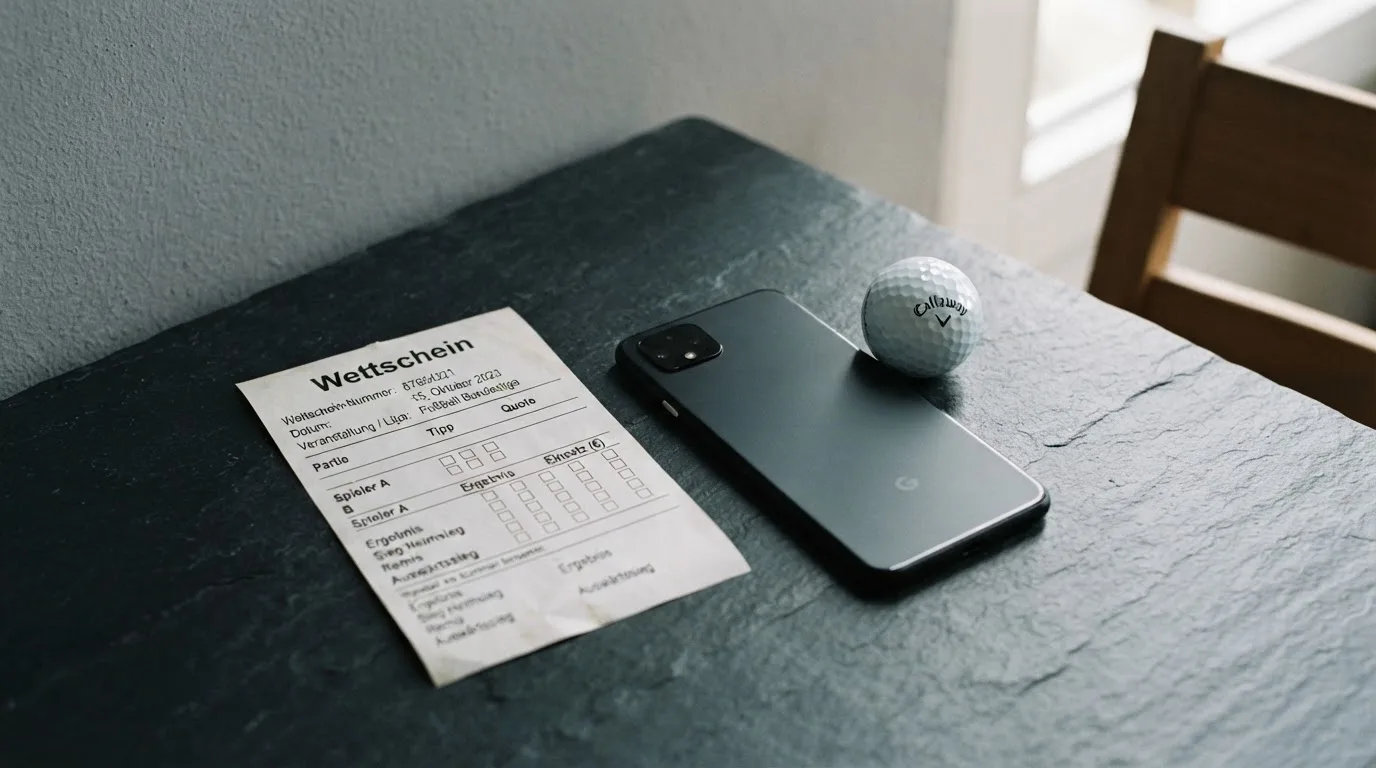 Ein leerer Wettschein aus Papier liegt neben einem Smartphone mit dunklem Display auf einem Tisch, daneben ein einzelner Golfball.