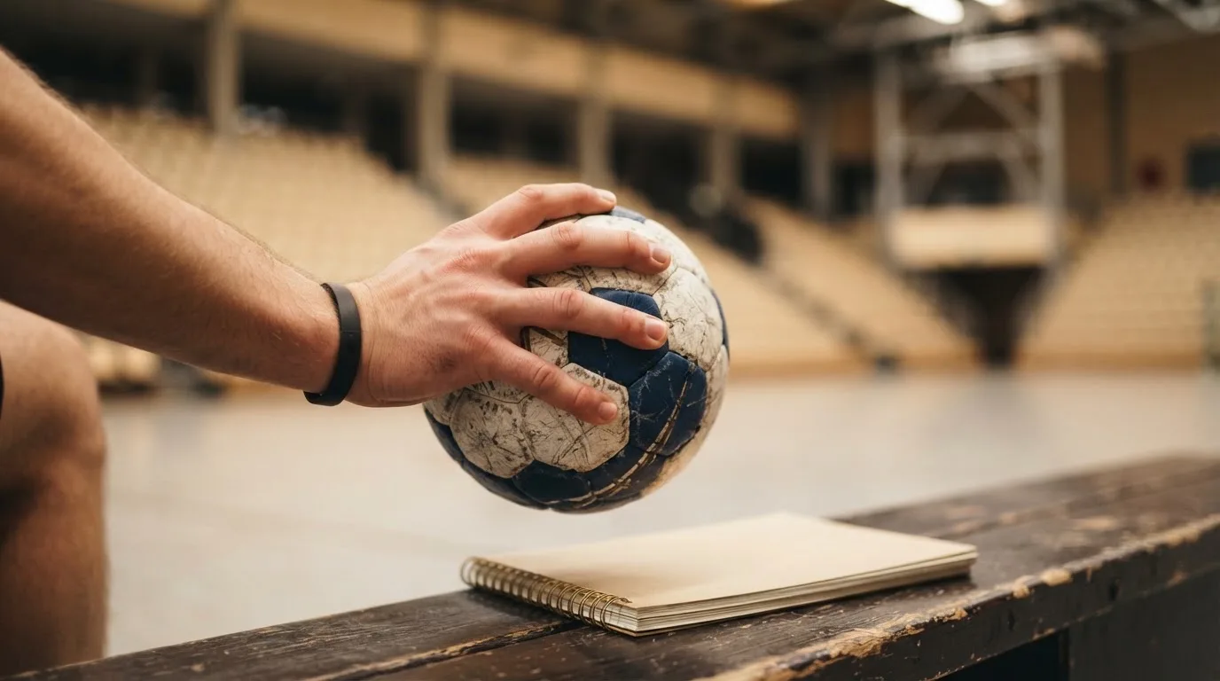 Eine Hand hält einen Handball, im Hintergrund eine unscharfe Tribüne, daneben liegt ein Notizblock auf einer Bank.