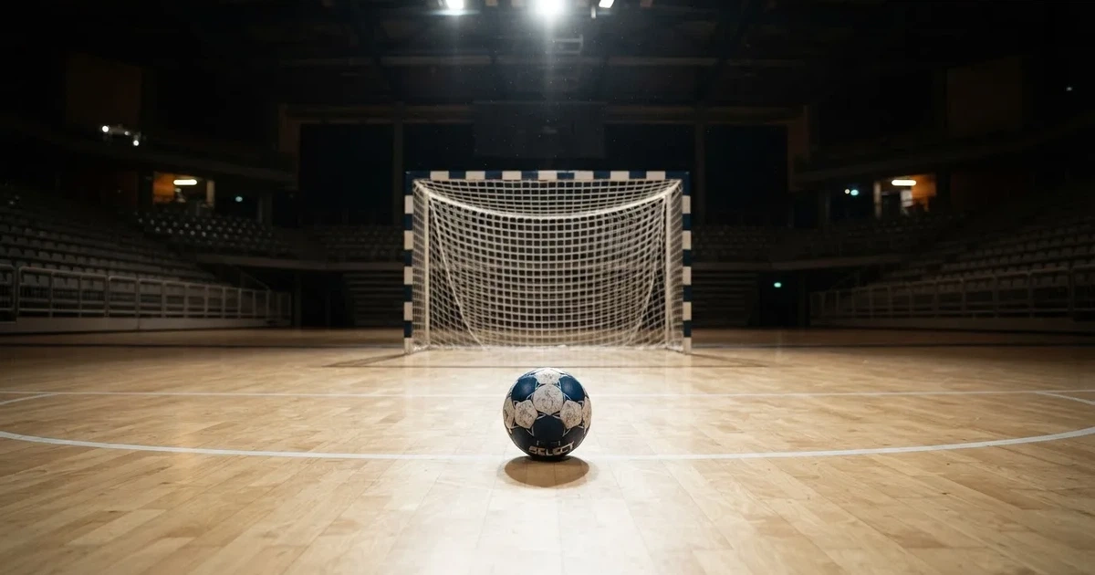 Ein Handball liegt auf dem Hallenboden vor einem Tor mit Netz, die leere Halle wird von Flutlicht beleuchtet.