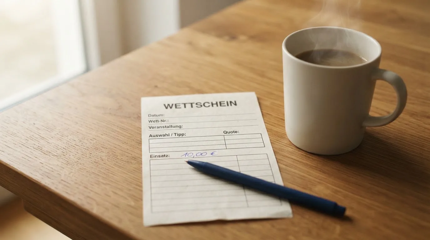 Ein leerer Wettschein aus Papier und ein Kugelschreiber liegen auf einem Schreibtisch neben einer Tasse Kaffee im Tageslicht.