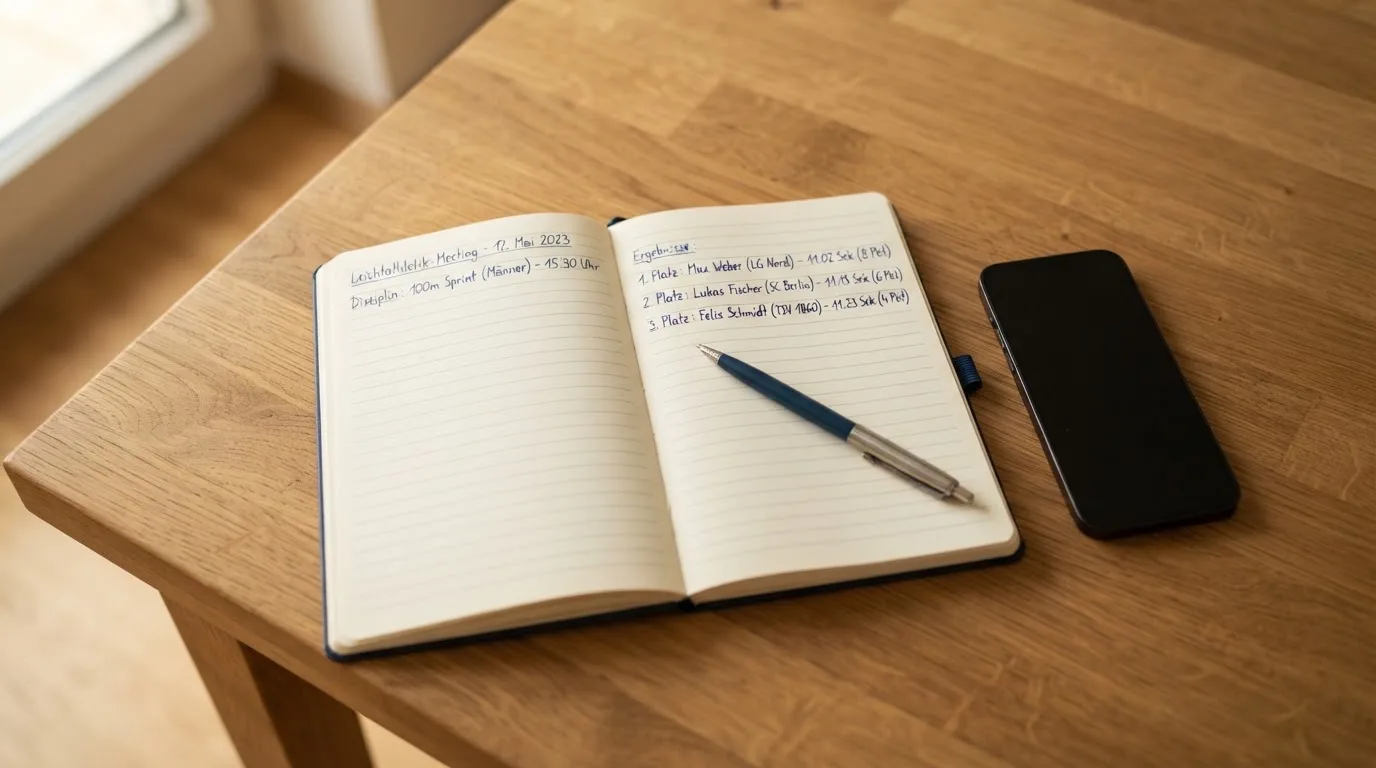 Ein Notizbuch mit handschriftlichen Notizen und ein Stift liegen auf einem Holztisch neben einem Smartphone mit dunklem Bildschirm.