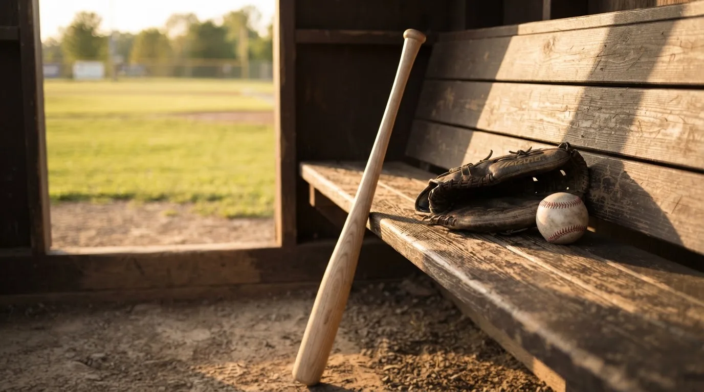 Ein Baseballschläger lehnt an einer Bank im Dugout, daneben liegen ein Handschuh und ein Ball im Licht der Nachmittagssonne.