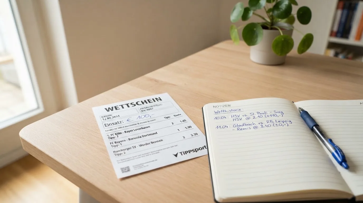 Ein leerer Wettschein aus Papier liegt neben einem Notizbuch und einem Stift auf einem aufgeräumten Schreibtisch.