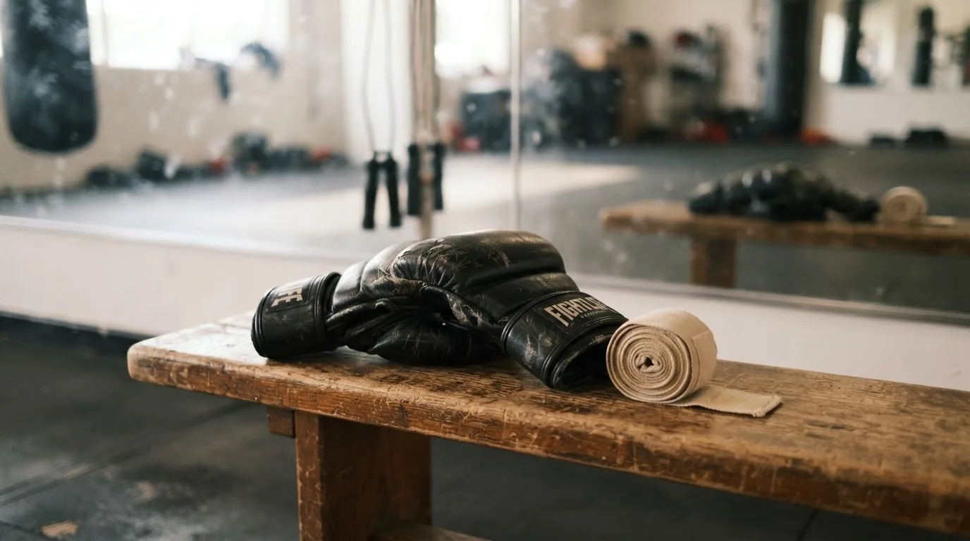 Ein Paar Kampfhandschuhe und eine Bandage liegen auf einer Holzbank in einem Trainingsraum mit Spiegelwand.