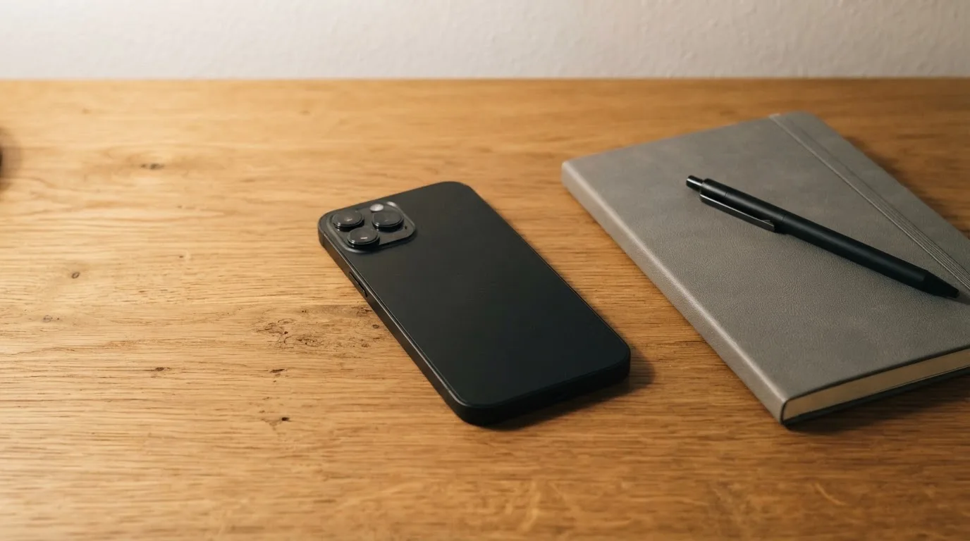 Ein Smartphone mit dunklem Display liegt neben einem Notizbuch und einem Kugelschreiber auf einem Tisch.