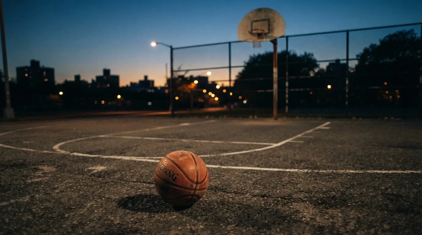 Ein Basketball rollt auf einem Freiluftplatz in der Abenddämmerung zu einem Korb, die Straßenlaternen leuchten bereits.