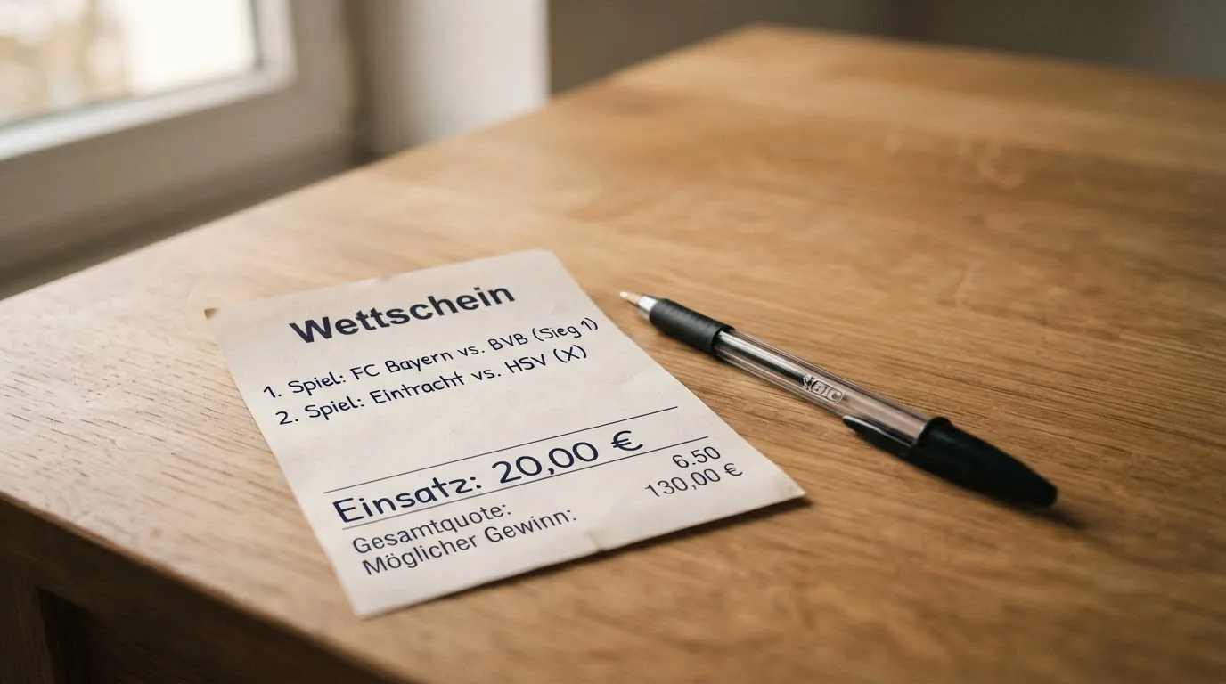 Ein leerer Wettschein aus Papier liegt neben einem Kugelschreiber auf einem Schreibtisch im Tageslicht.