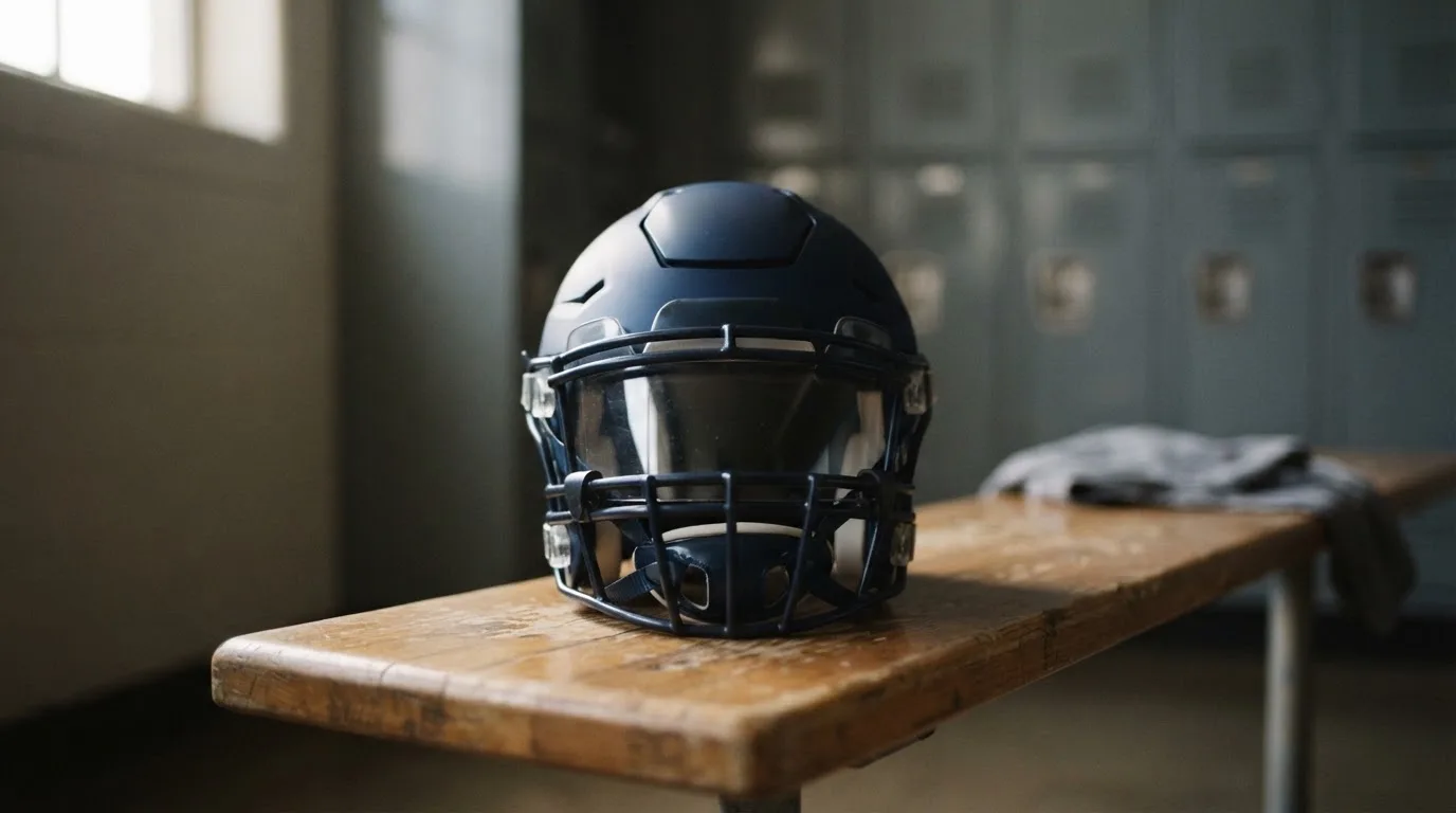 Ein neutraler Footballhelm ohne Aufdruck steht auf einer Holzbank in einer Umkleidekabine.