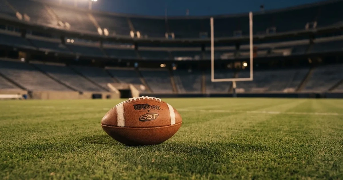 Ein American Football liegt auf dem Rasen eines leeren Stadions unter Flutlicht, die Torstangen ragen im Hintergrund auf.