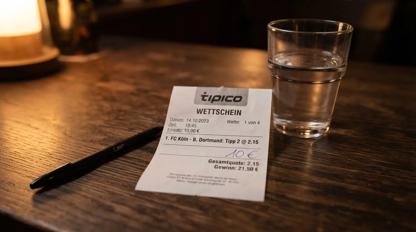 Ein leerer Wettschein aus Papier liegt neben einem Stift auf einem Tisch, daneben ein Glas Wasser.