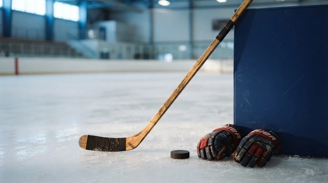 Ein Eishockeyschläger lehnt an einer Bande, daneben liegen ein Puck und ein Paar Handschuhe in einer Eishalle.
