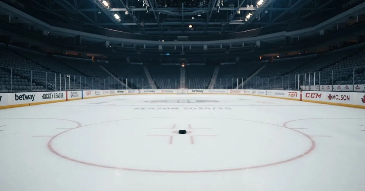Eine leere Eisfläche in einer Halle mit Banden und Flutlicht, auf dem Eis liegt ein einzelner Puck.