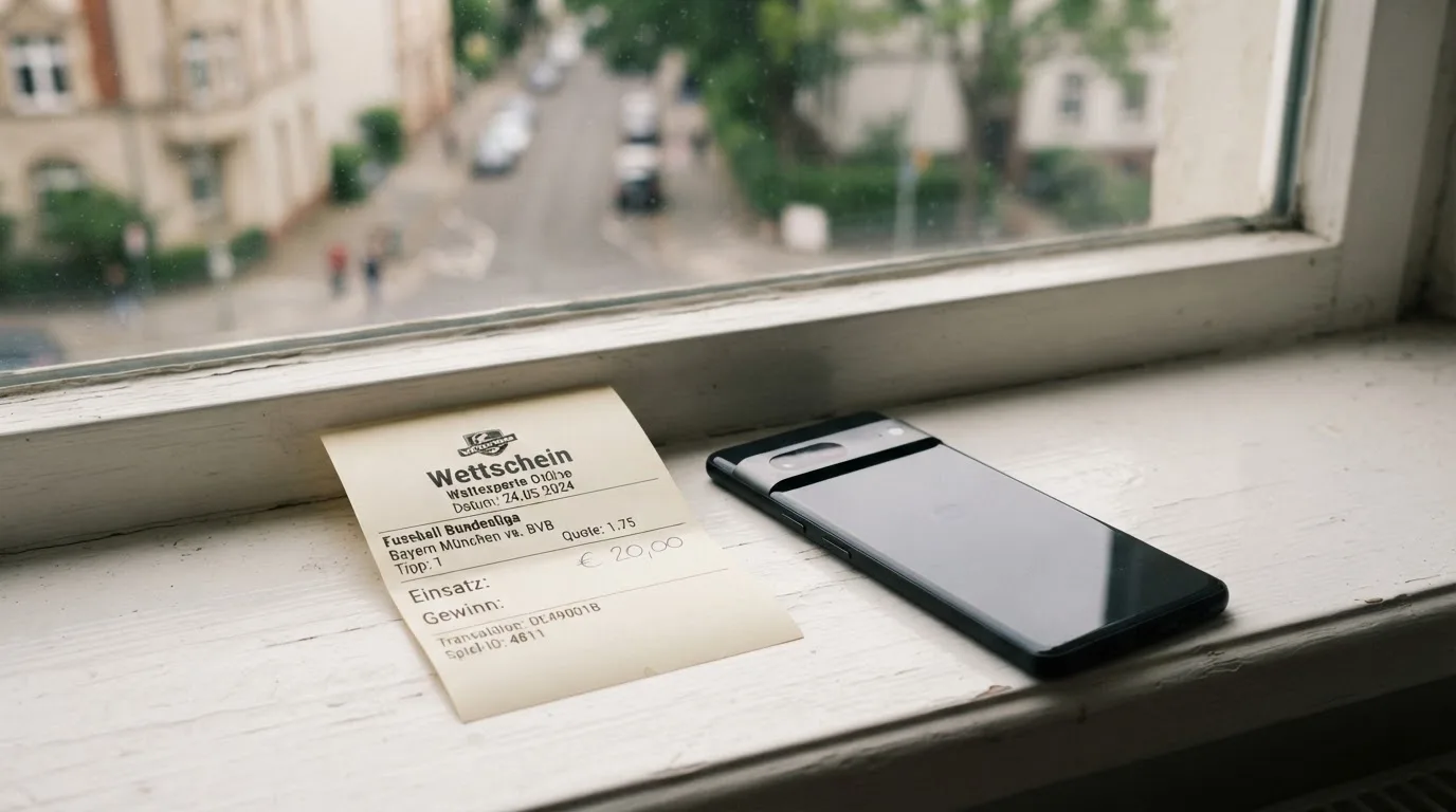Ein leerer Wettschein aus Papier und ein Smartphone mit dunklem Display liegen auf einer Fensterbank im Tageslicht.