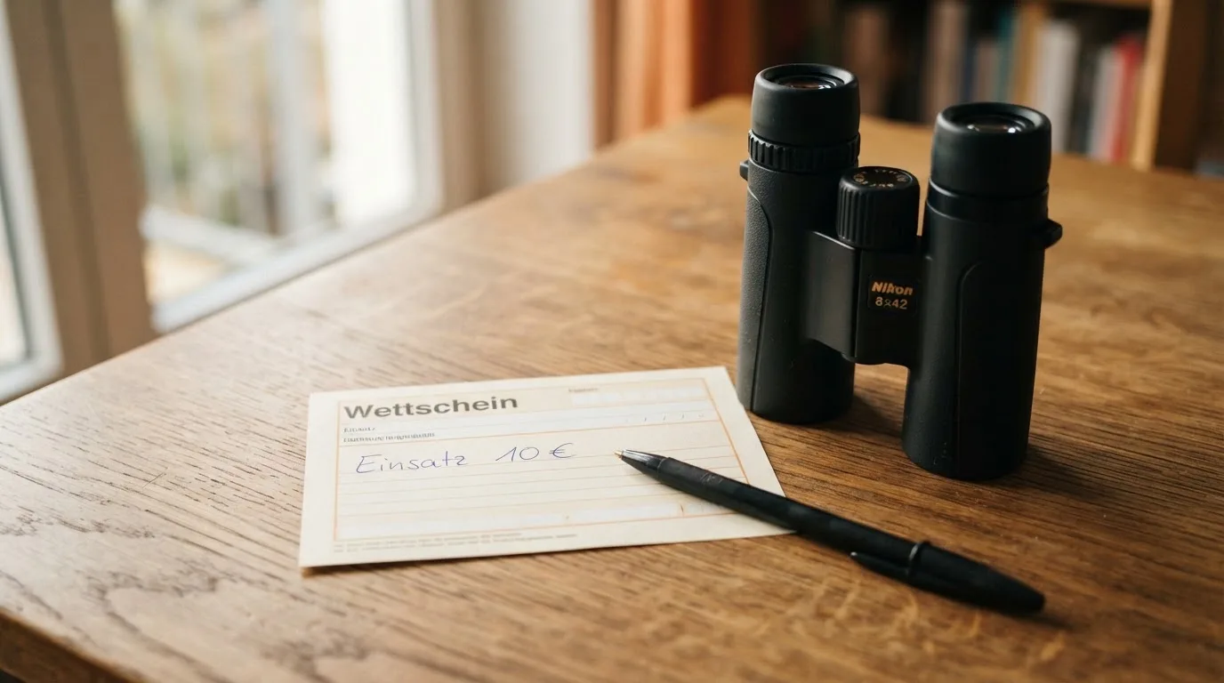 Ein leerer Wettschein aus Papier und ein Kugelschreiber liegen auf einem Holztisch neben einem Fernglas.