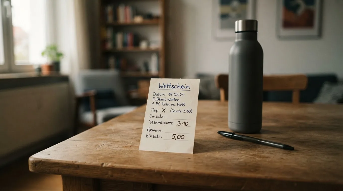 Ein leerer Wettschein aus Papier liegt neben einer Trinkflasche und einem Stift auf einem Tisch.