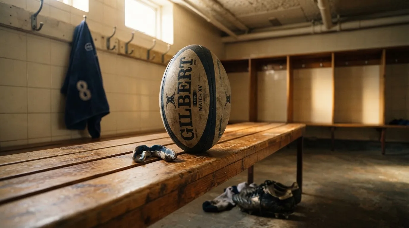 Ein Rugbyball und ein Mundschutz liegen auf einer Holzbank neben einer Reihe Kleiderhaken in einer Umkleide.