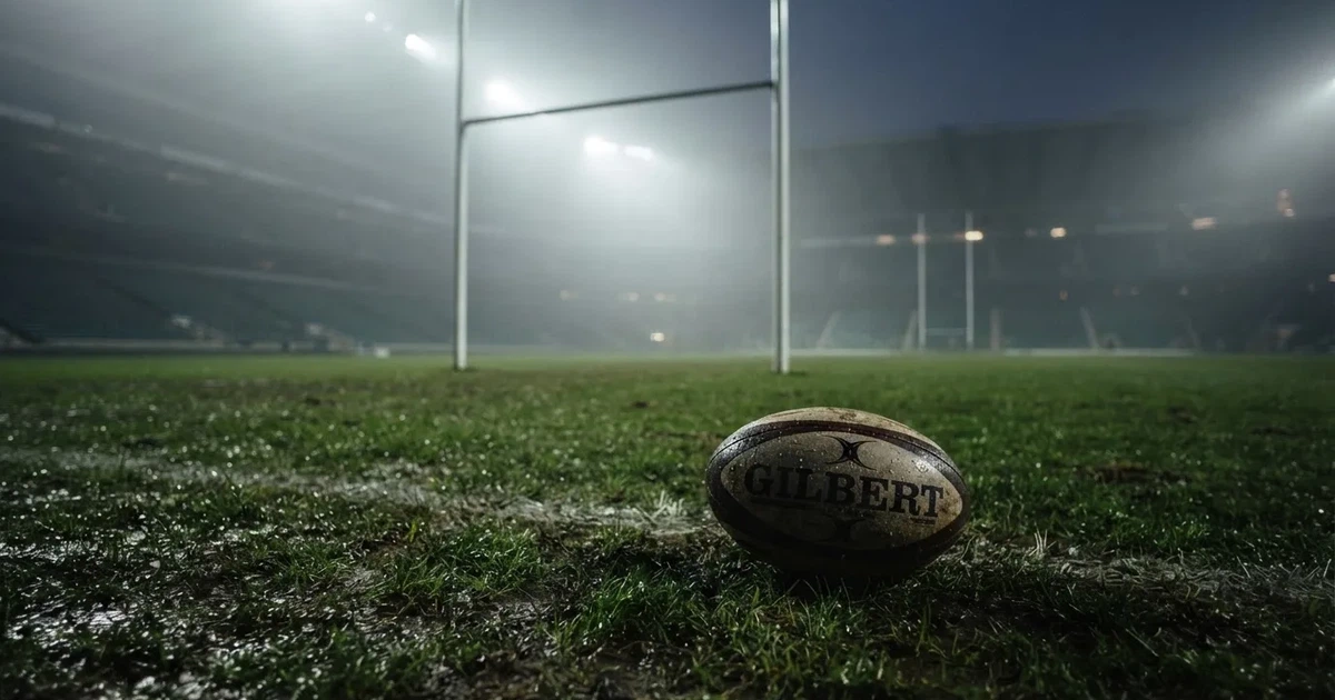 Ein ovaler Rugbyball liegt vor den hohen Torstangen auf nassem Rasen, über dem Stadion zieht Nebel auf.