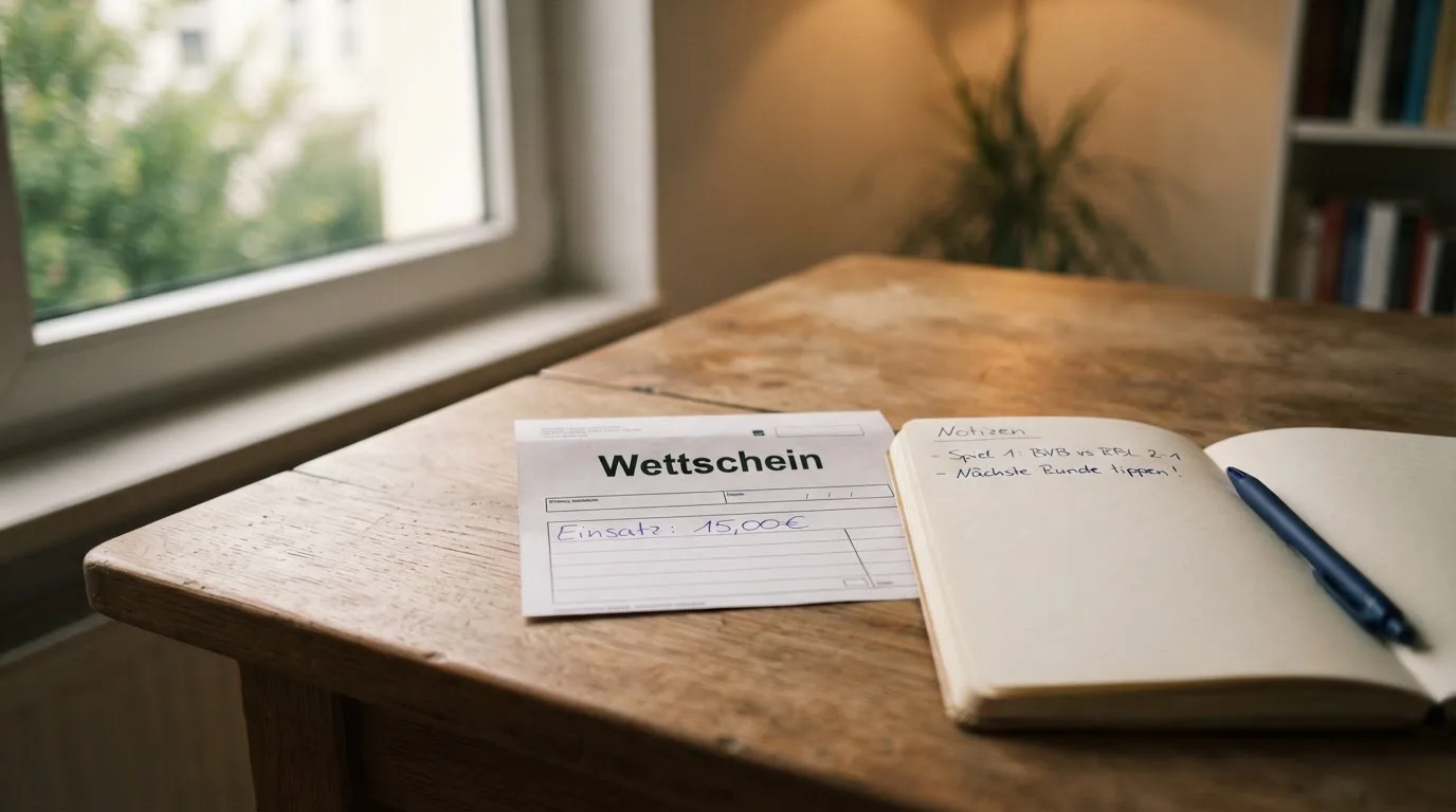 Ein leerer Wettschein aus Papier liegt neben einem Notizbuch und einem Stift auf einem Schreibtisch am Fenster.