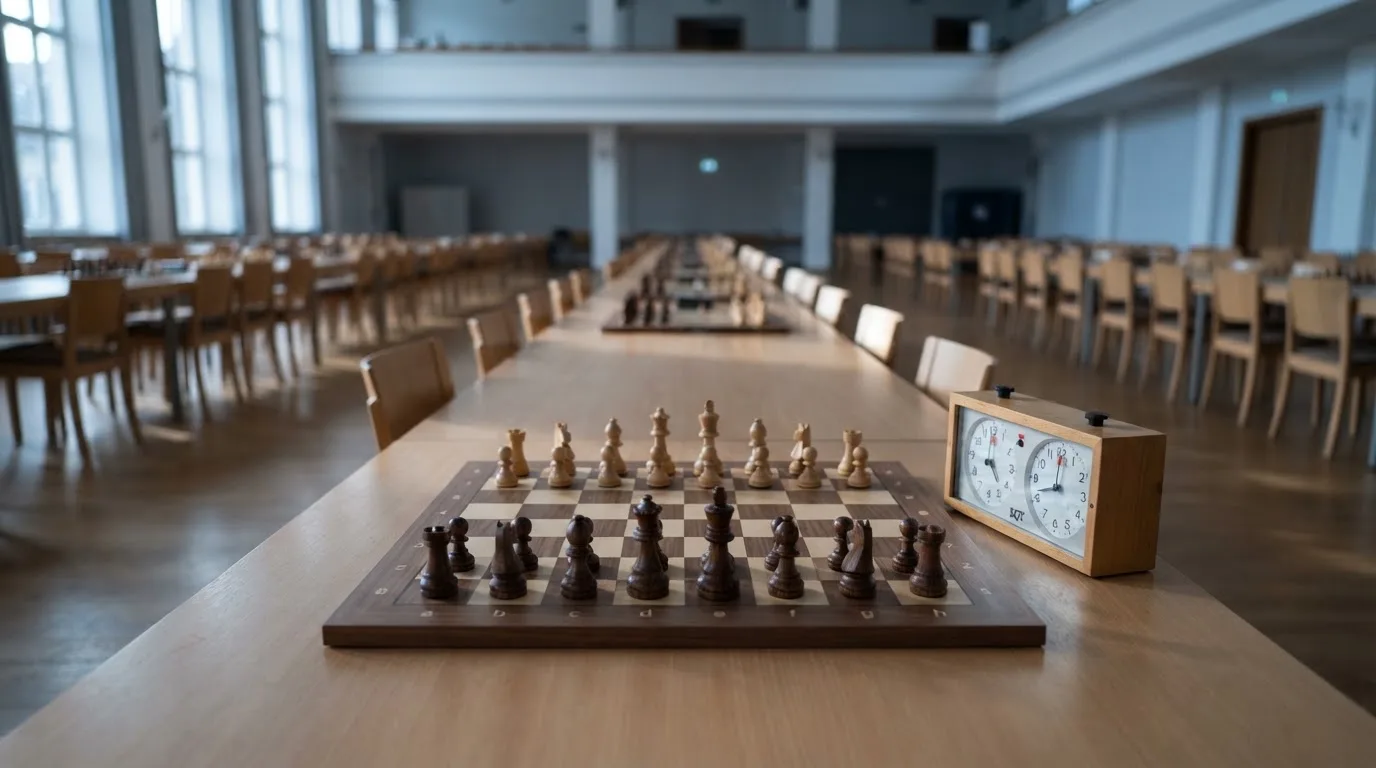 Ein Schachbrett und eine Schachuhr stehen auf einem Tisch in einem leeren Turniersaal, die Stühle sind ordentlich zurückgeschoben.
