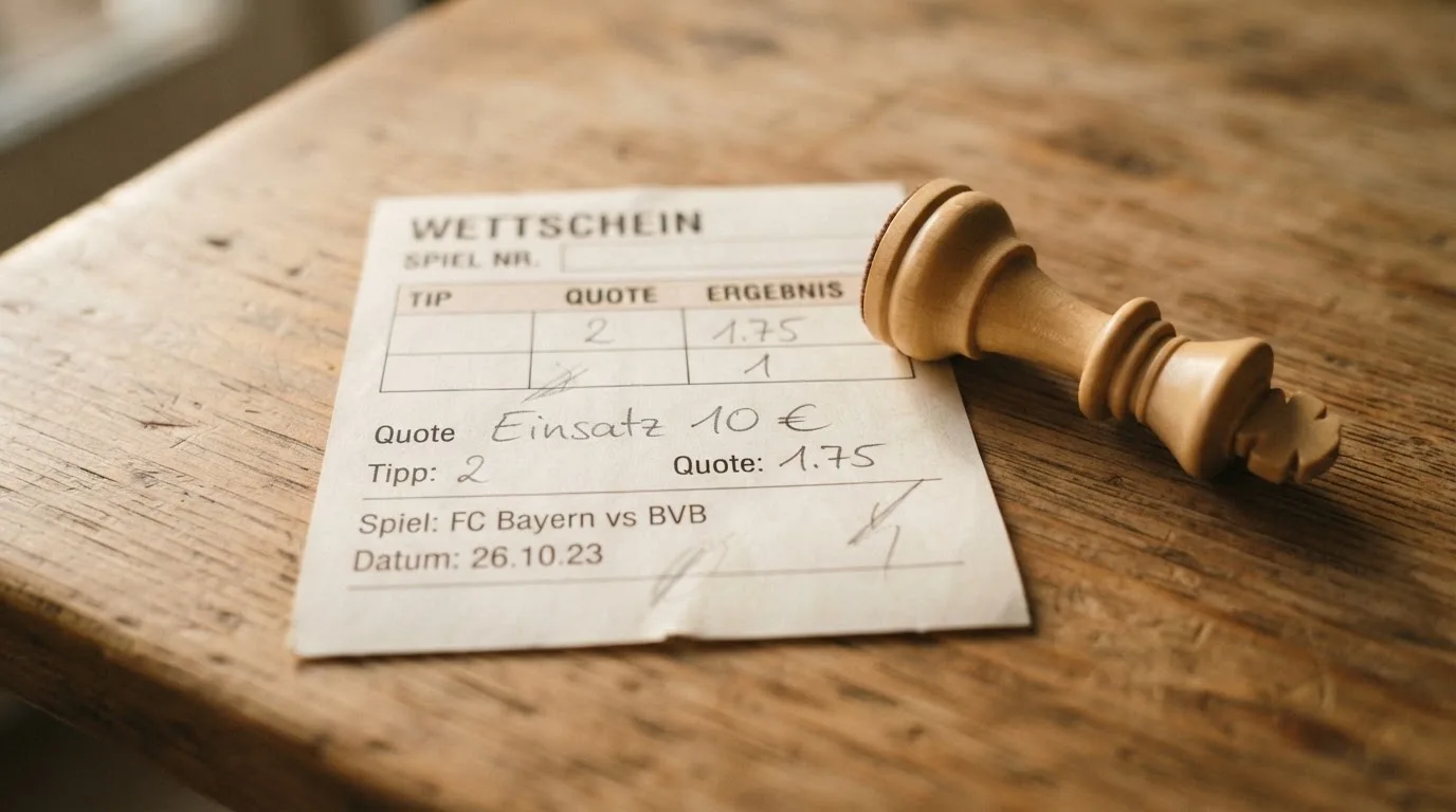 Ein leerer Wettschein aus Papier liegt neben einem umgekippten weißen Schachkönig auf einem Holztisch.