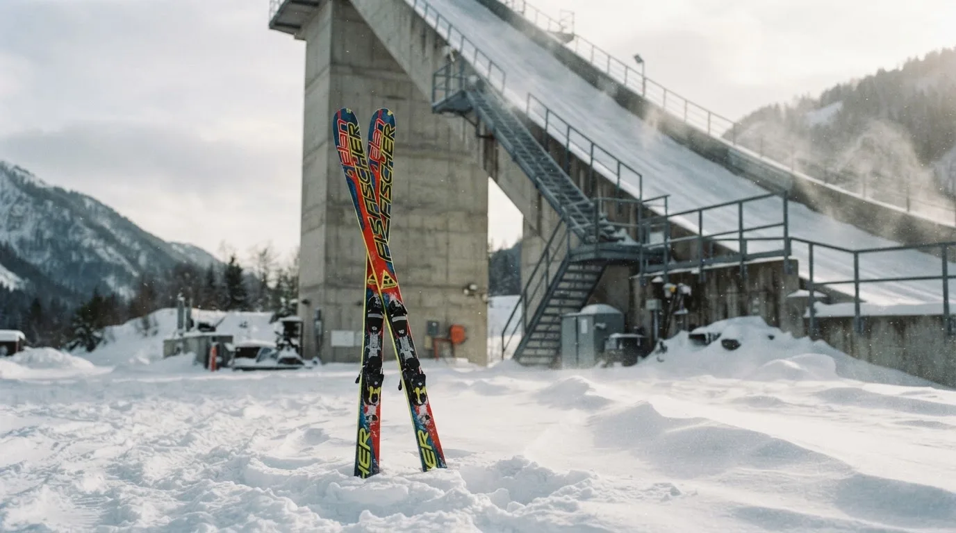Ein Paar Skier steckt aufrecht im Schnee neben einem Anlaufturm, im Hintergrund wirbelt feiner Schnee im Wind.