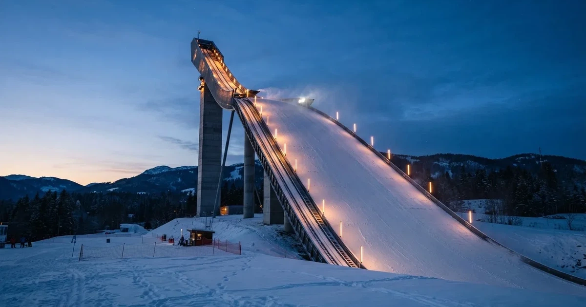 Eine Skisprungschanze im Schnee, von unten gesehen, vor einem klaren Winterhimmel in der Dämmerung, ohne Menschen.