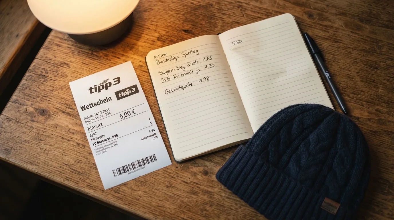 Ein leerer Wettschein aus Papier und ein Notizbuch liegen neben einer Wollmütze auf einem Holztisch.