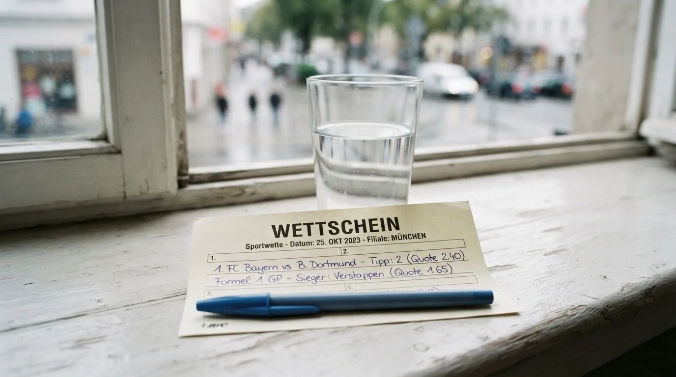 Ein leerer Wettschein aus Papier und ein Kugelschreiber liegen neben einem Glas Wasser auf einer Fensterbank.