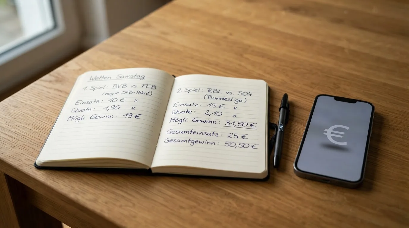 Ein aufgeschlagenes Notizbuch mit handschriftlichen Rechnungen liegt neben Stift und Smartphone auf einem Holztisch im Tageslicht.