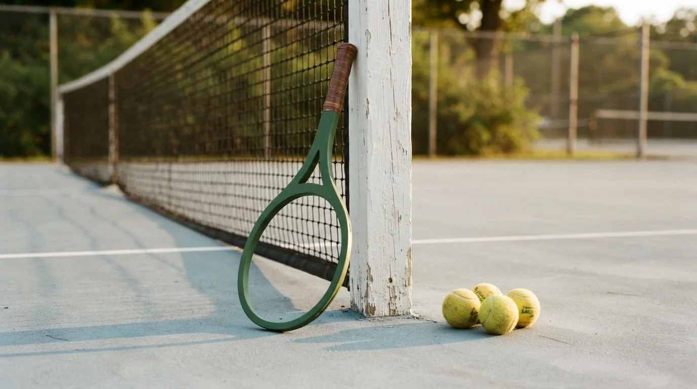 Ein Tennisschläger lehnt an einem Netzpfosten, daneben liegen drei Bälle auf einem Hartplatz in warmem Nachmittagslicht.