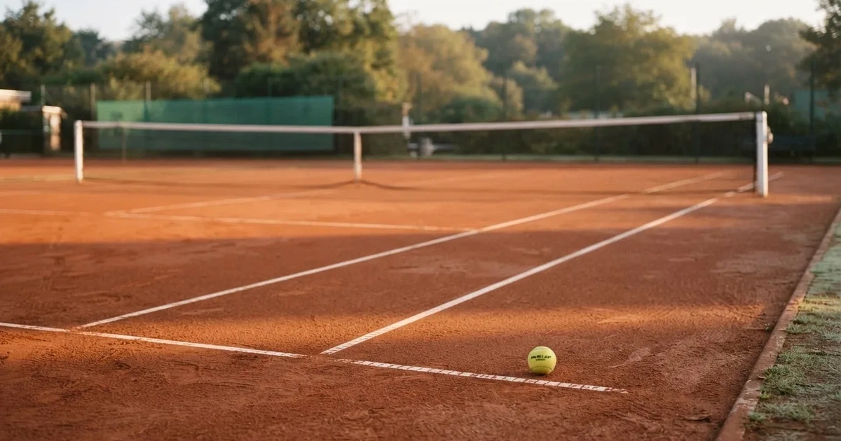Ein Sandplatz am frühen Morgen mit frisch gezogenen Linien, einem Netz in der Mitte und einem gelben Ball auf der Grundlinie.