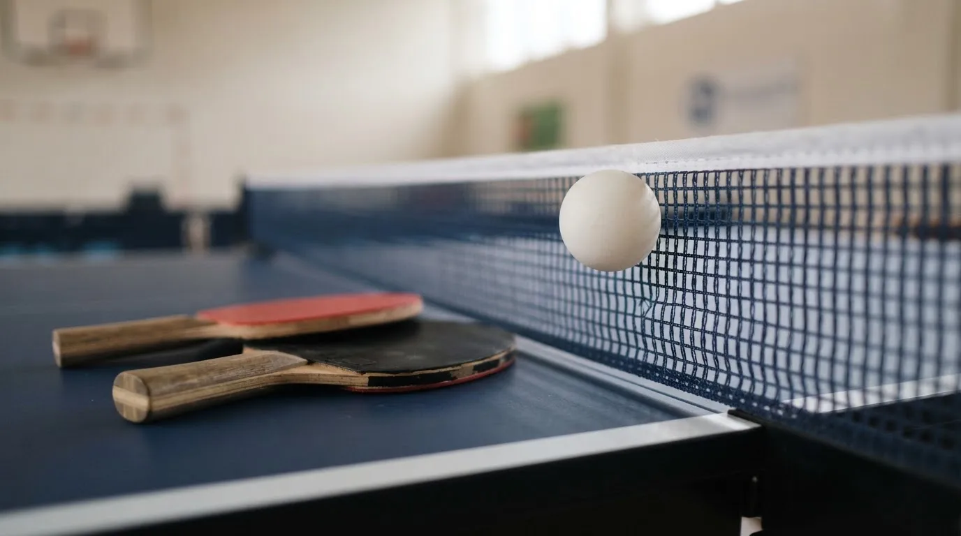 Ein weißer Ball liegt in Nahaufnahme auf der Netzkante einer Tischtennisplatte, daneben zwei Holzschläger mit rotem und schwarzem Belag.