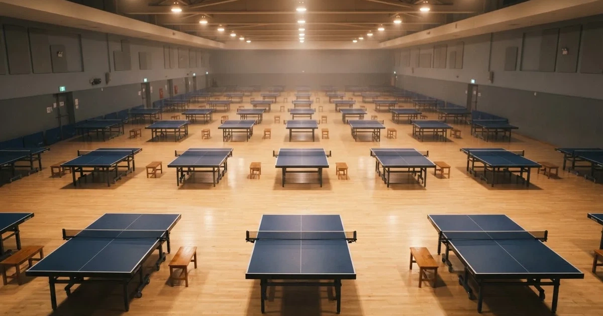 Eine Tischtennishalle aus erhöhter Perspektive mit mehreren blauen Tischen in Reihen unter gedämpftem Hallenlicht, ohne Personen.