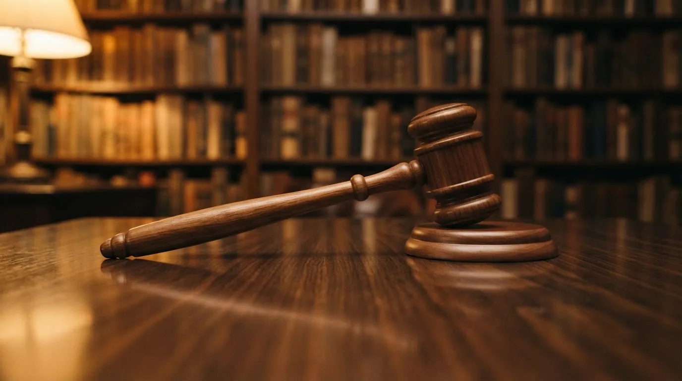 Ein Richterhammer aus Holz liegt auf einer polierten Tischplatte, dahinter eine unscharfe Bücherwand.