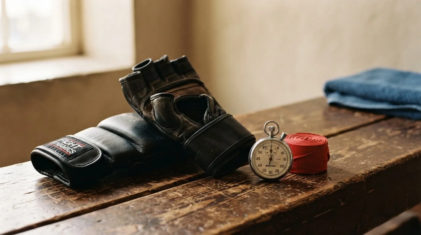 Ein Paar Kampfhandschuhe und eine Stoppuhr liegen auf einer Bank im Trainingsraum neben einer aufgerollten Handbandage.