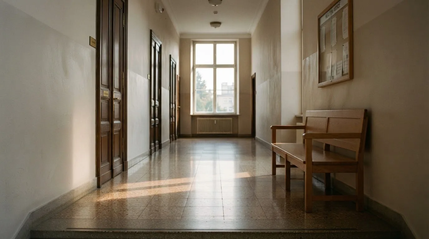 Ein heller Flur in einem Verwaltungsgebäude mit einer leeren Holzbank und einem Fenster, durch das Morgenlicht fällt.