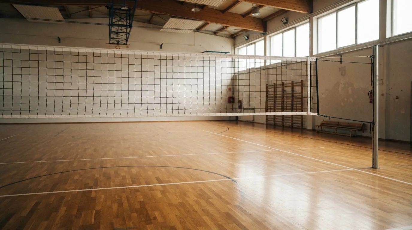 Eine leere Sporthalle mit gespanntem Volleyballnetz und glänzendem Parkett, durch hohe Fenster fällt Tageslicht.