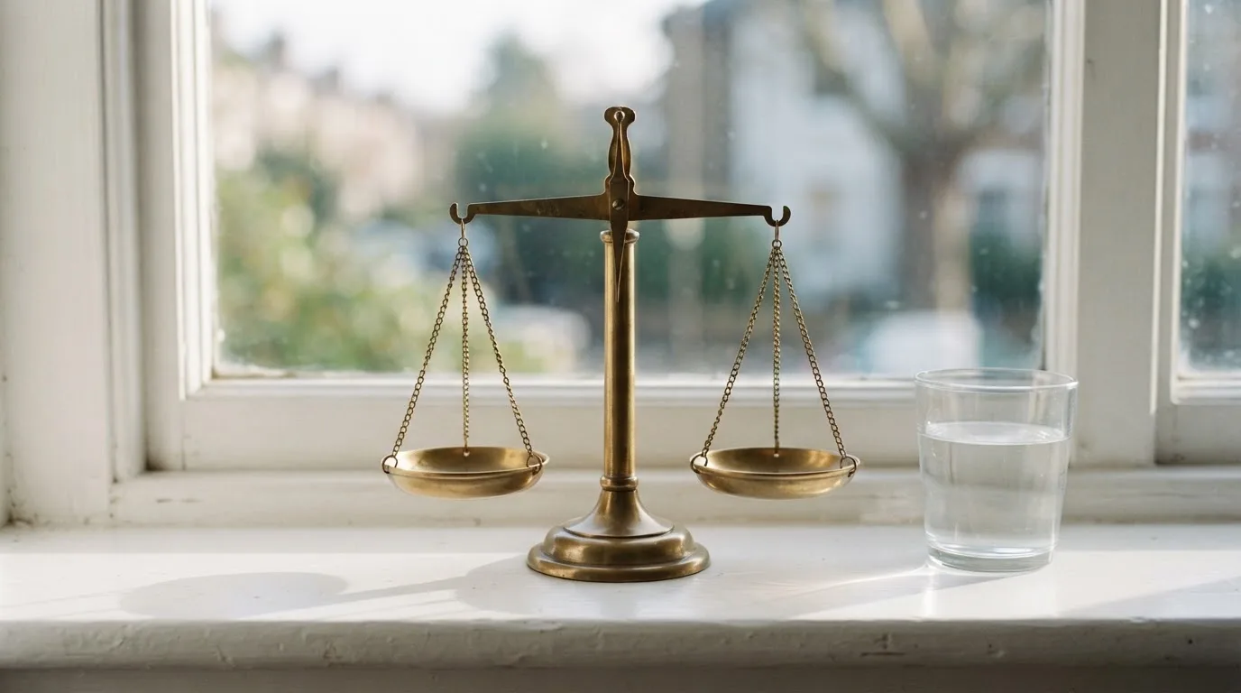 Eine Messingwaage steht auf einem hellen Fensterbrett, daneben ein Glas Wasser, im Hintergrund ruhiges Morgenlicht.