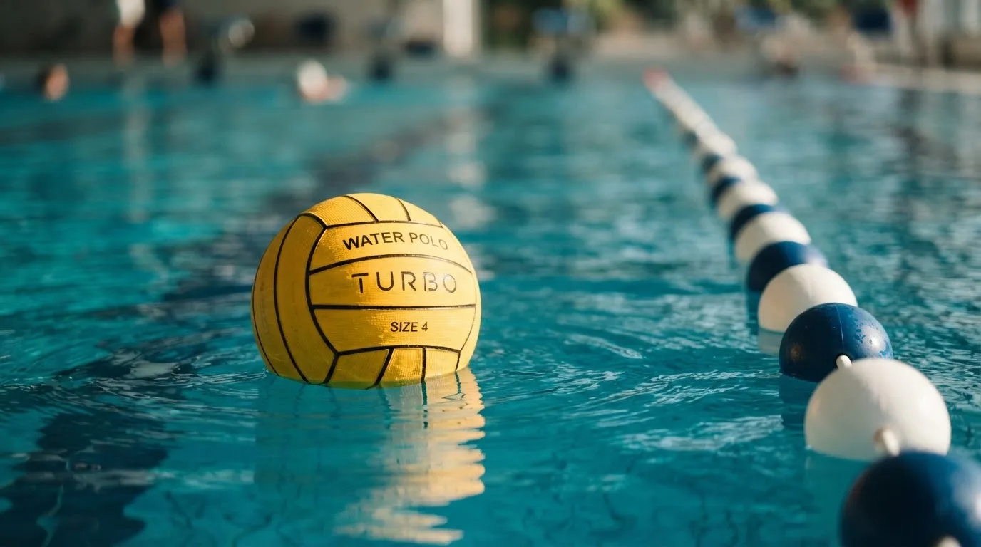 Ein gelber Wasserball treibt in Nahaufnahme auf der Wasseroberfläche neben einer Leine mit Bojen.