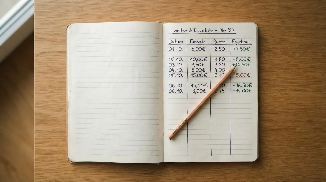 Ein Notizbuch mit handschriftlichen Spalten und einem Bleistift liegt auf einem Schreibtisch neben einem Taschenrechner.