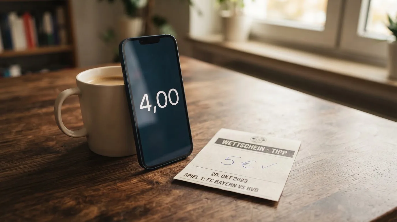Ein Smartphone mit dunklem Bildschirm lehnt an einer Kaffeetasse auf einem Holztisch, daneben ein blanker Papier-Wettschein.
