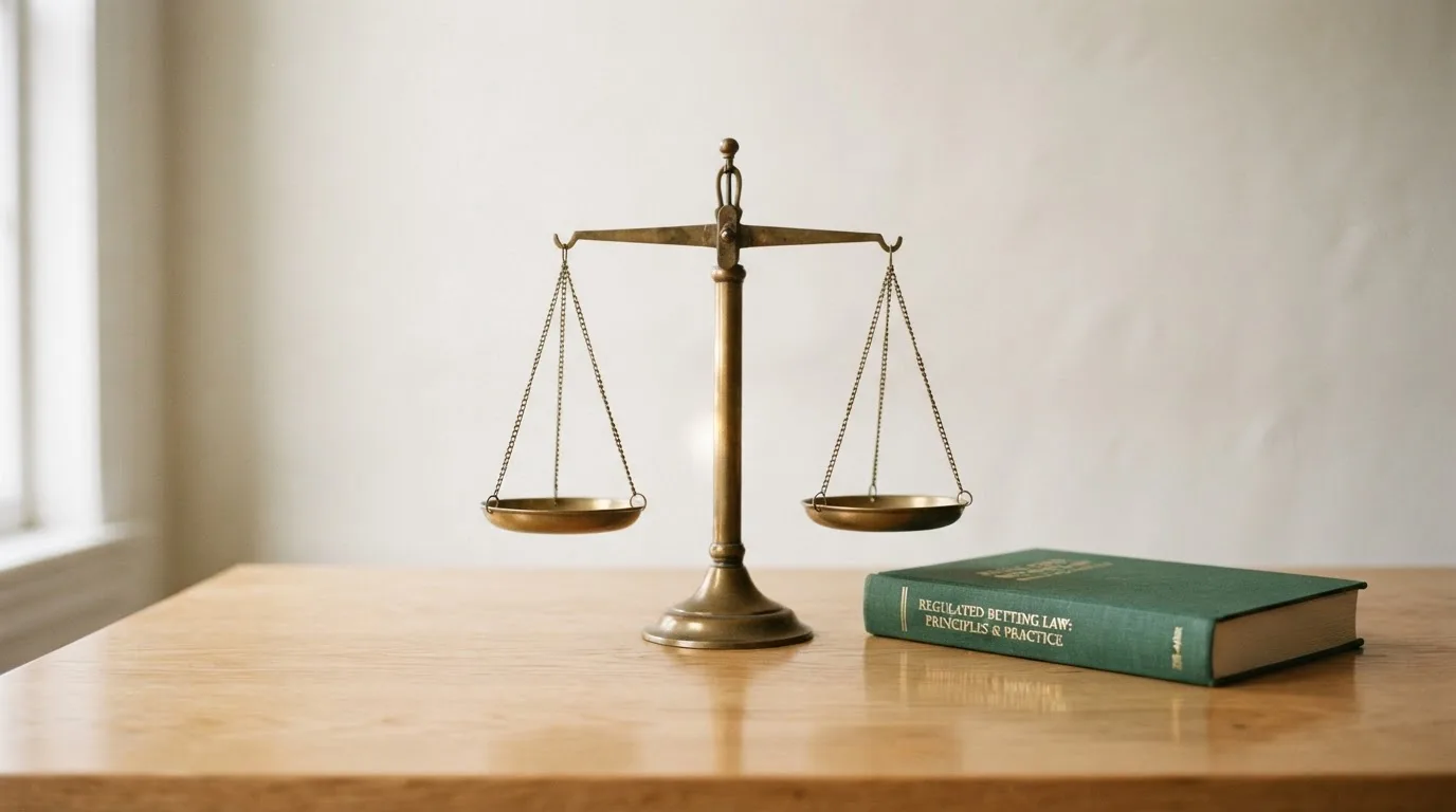 Eine Messingwaage und ein geschlossenes Buch stehen auf einem hellen Tisch vor einer ruhigen, unscharfen Wand.