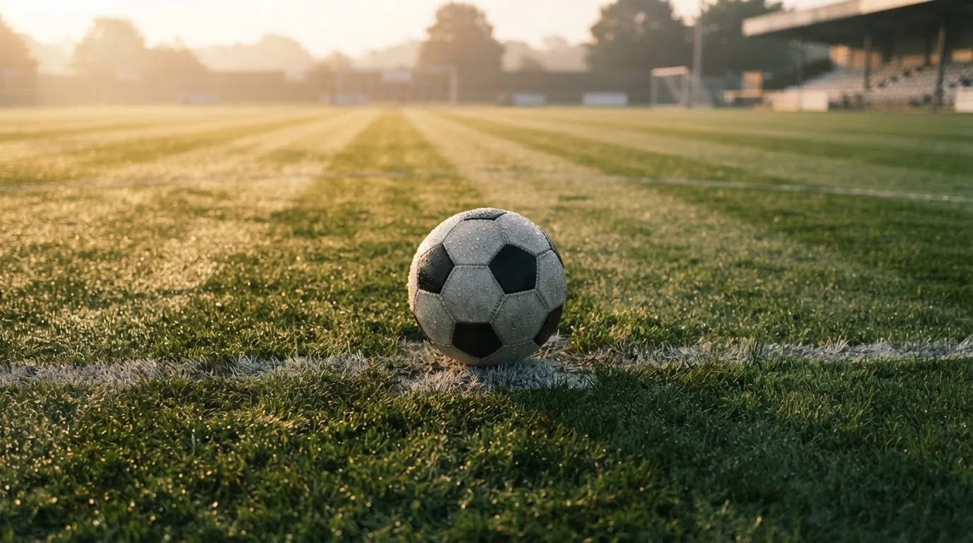 Ein Fußball liegt auf dem Anstoßpunkt eines Rasenplatzes im ersten Morgenlicht, Tau glänzt auf dem Gras.