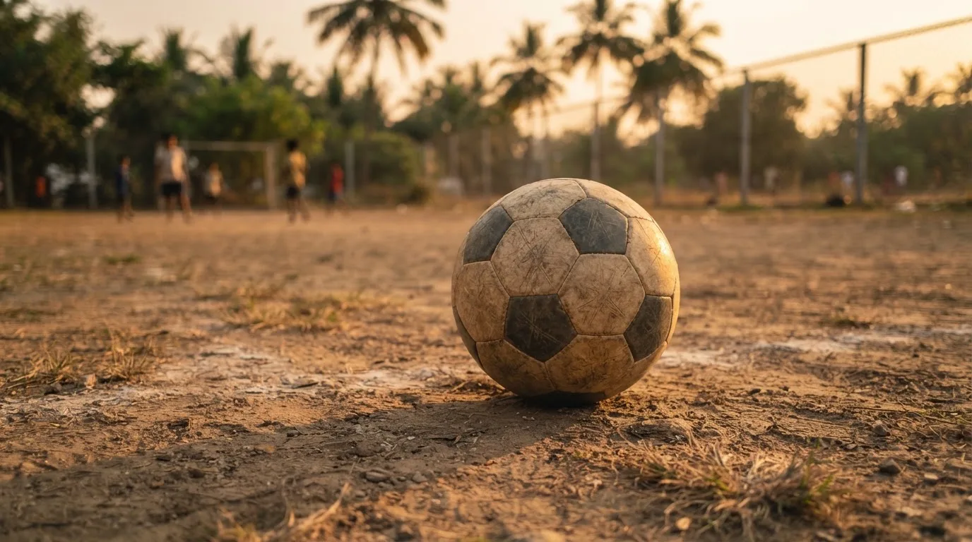 Ein Fußball liegt auf einem staubigen Bolzplatz mit Palmen im Hintergrund in warmem Abendlicht.