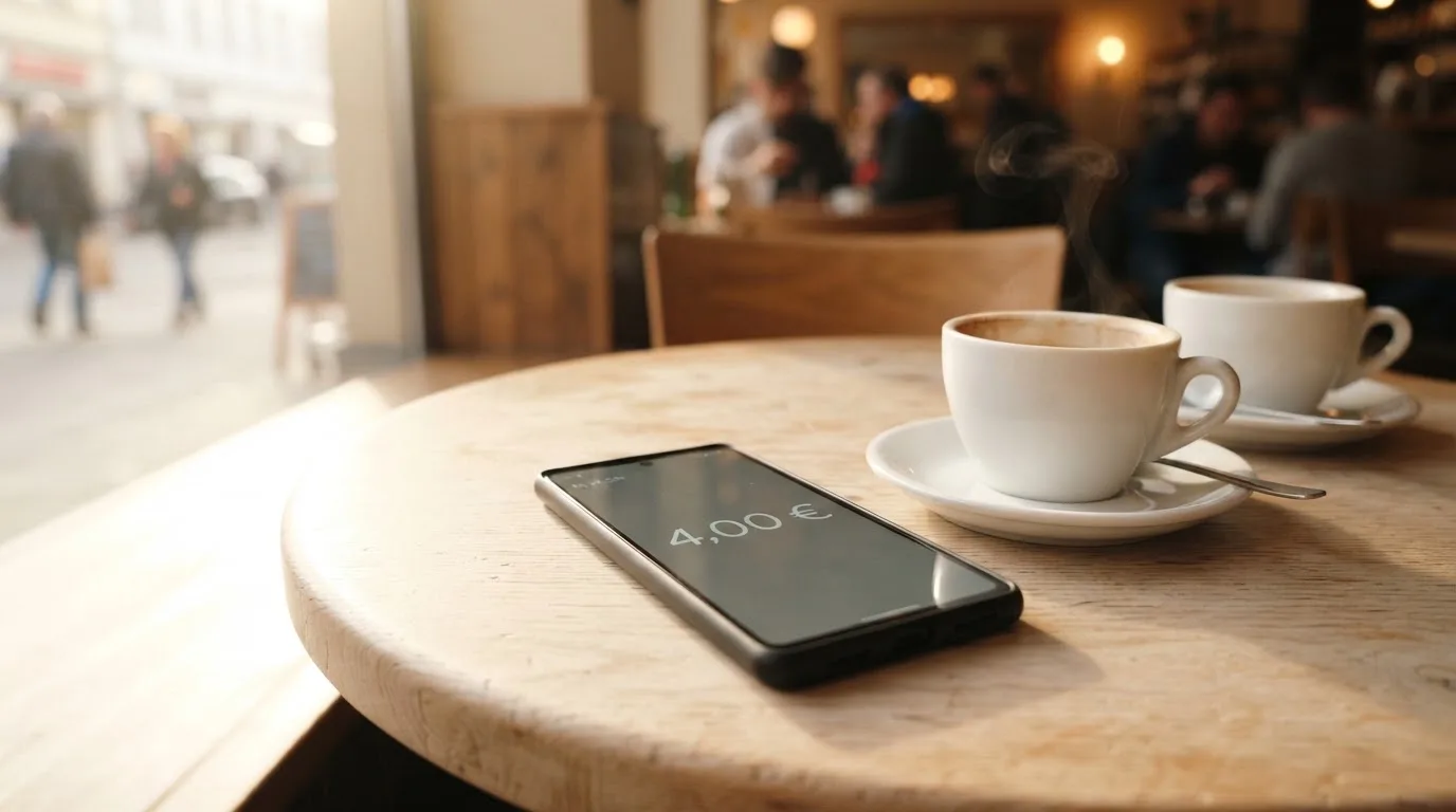 Zwei Kaffeetassen und ein dunkles Smartphone stehen auf einem Café-Tisch am Fenster im Morgenlicht.