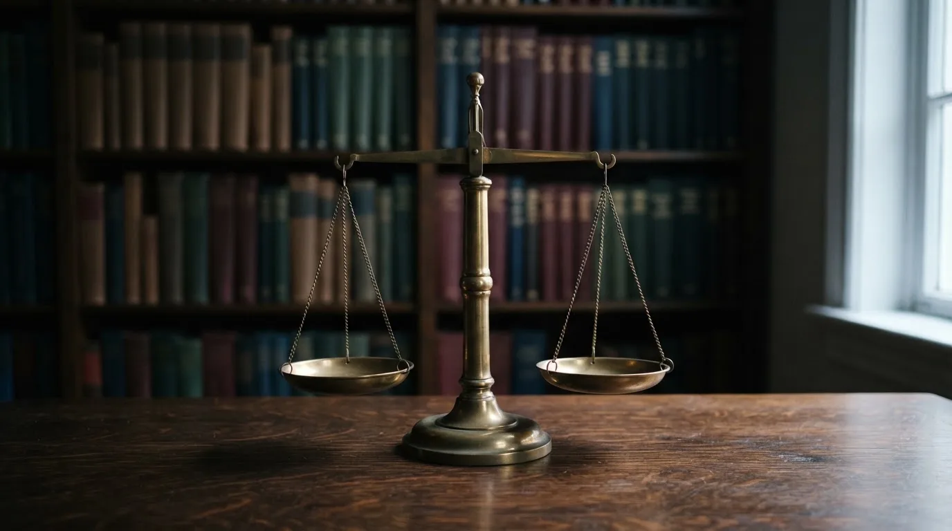 Eine Messingwaage steht auf einem dunklen Holztisch, dahinter eine unscharfe Regalwand mit geschlossenen Büchern.