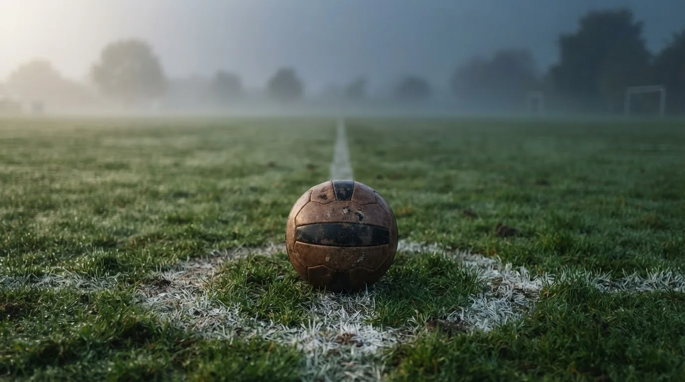Ein abgewetzter Fußball liegt auf dem Anstoßkreis eines Naturrasens im Morgennebel.